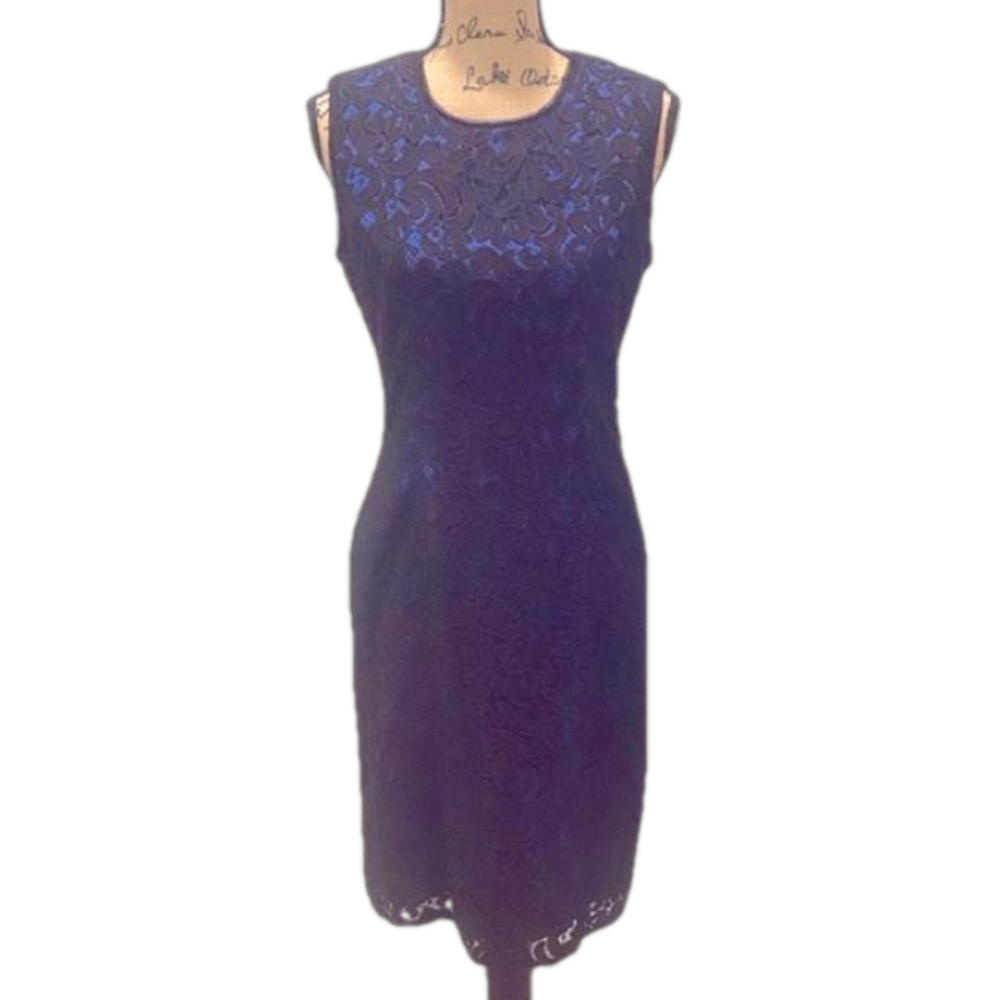 Milly Blue Black Lace Sheath Sleeveless Dress 8